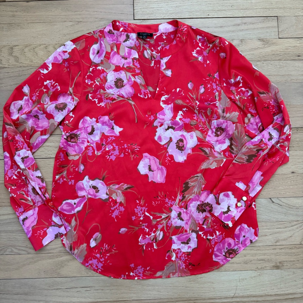 Talbots Small Petite Red Floral Satin V Neck Blouse